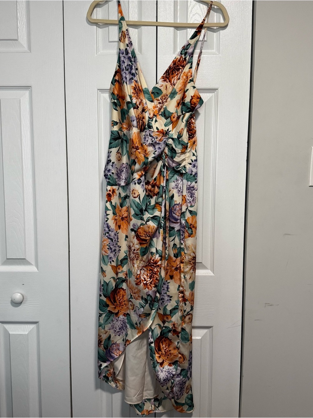 Express Floral Wrap High-Low Dress in Cream, Orange & Green
